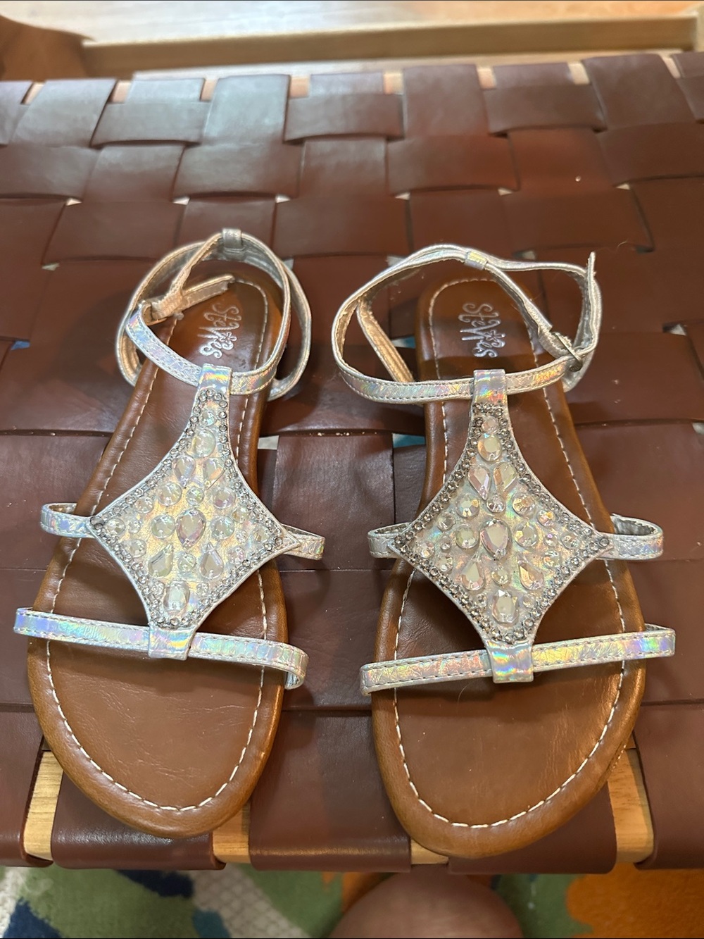 Stevies Iridescent Jeweled T-Strap Sandals - Silver